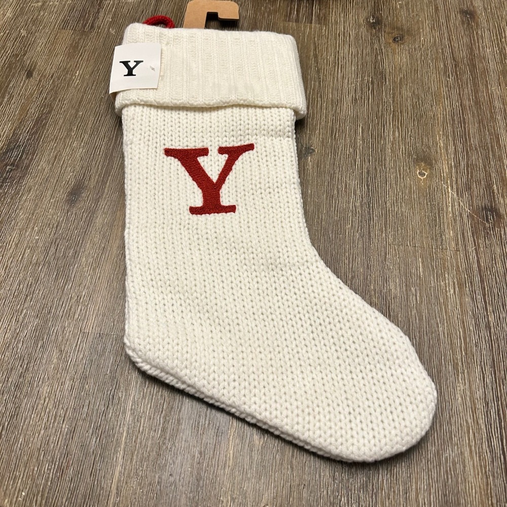 White Knit Christmas Stocking Initial‎ Y Holiday Decoration Decor 19" NWTRed